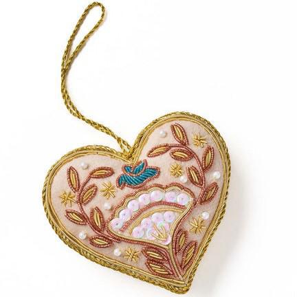 BEADED FLORAL HEART PLUSH ORNAMENT