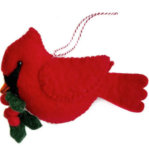 CARDINAL WITH HOLLY FELT ORNAMENT
