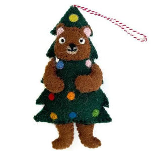 BEAR IN CHRISTMAS TREE FELT WOOL ORNAMENT