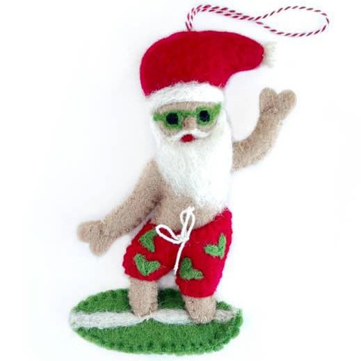 SURFING SANTA FELT WOOL ORNAMENT