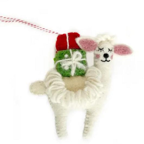 LLAMA WITH PRESENTS FELT WOOL ORNAMENT