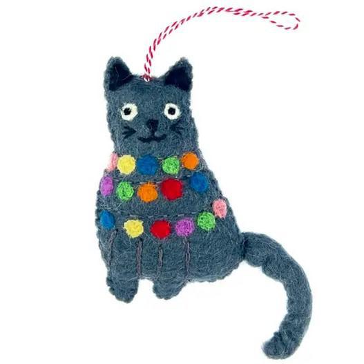 CHRISTMAS LIGHTS CAT FELT WOOL ORNAMENT