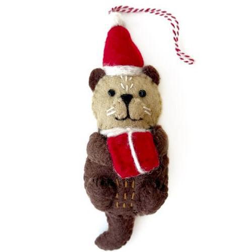 OTTER WITH SANTA HAT FELT WOOL ORNAMENT