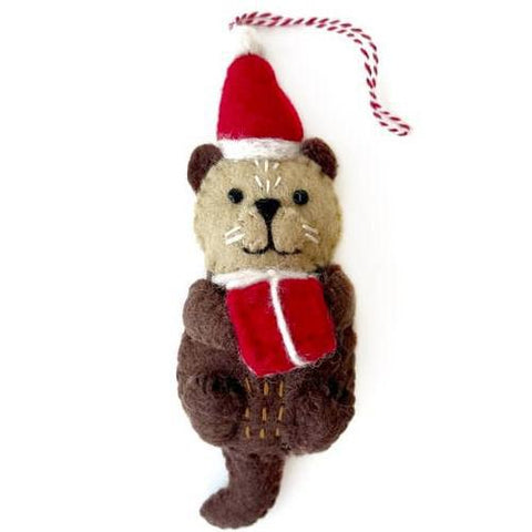 OTTER WITH SANTA HAT FELT WOOL ORNAMENT
